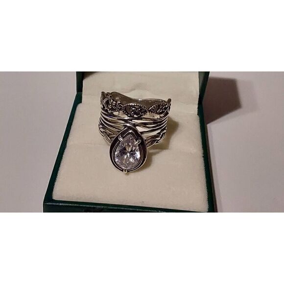 OR PAZ Italian Sterling Silver 2Ct Pear Cut White Topaz Wide Stacked Ring Sz 8 - Picture 1 of 7
